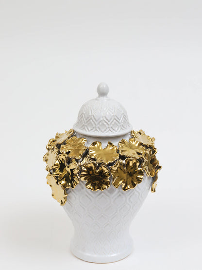 13H White Textured Ginger Jar With Gold Floral Details and removable lid. Sold by KYA Home Decor.