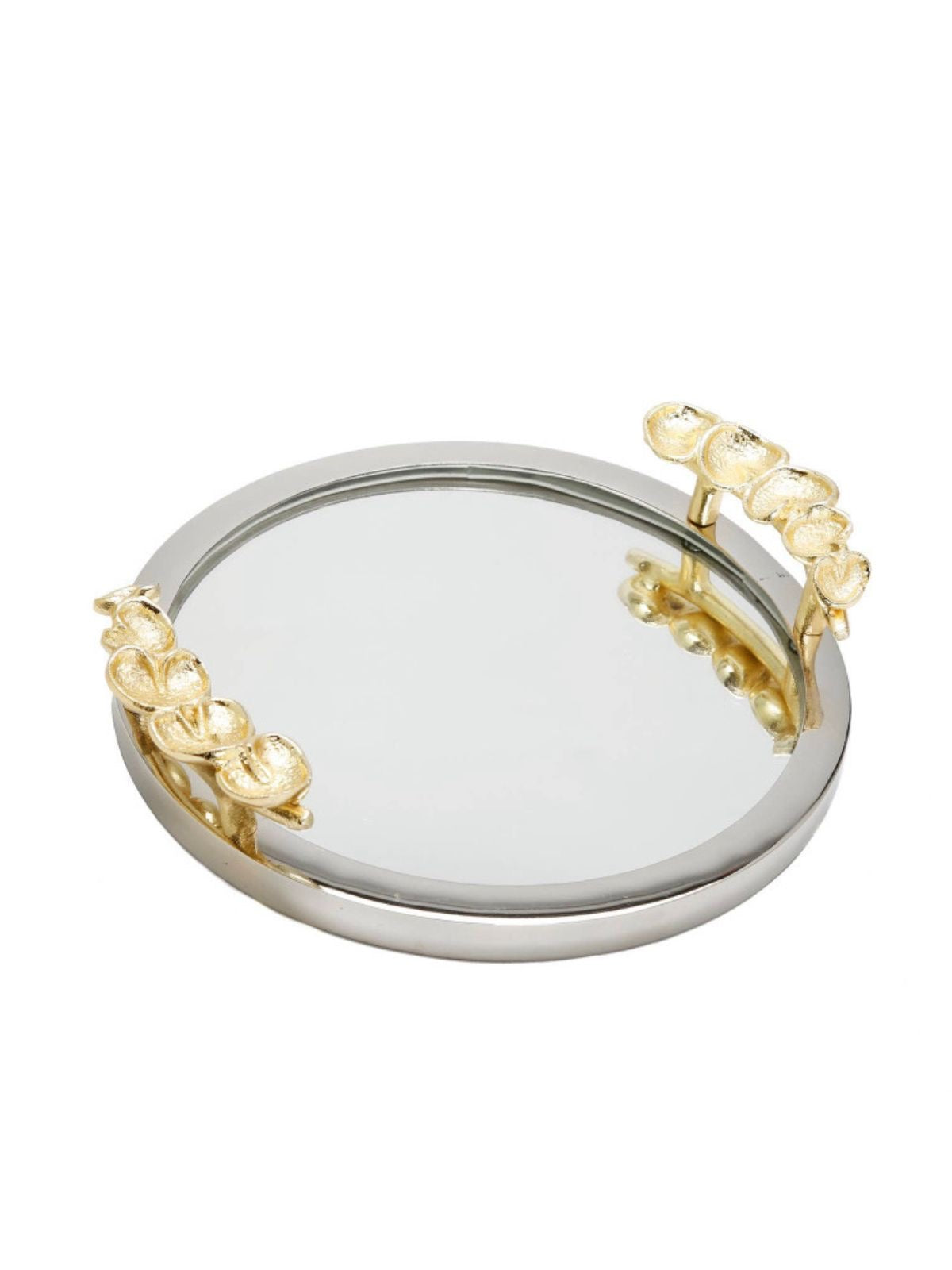 12D round silver mirrored tray with gold leaf handles. Sold by KYA Home Decor.