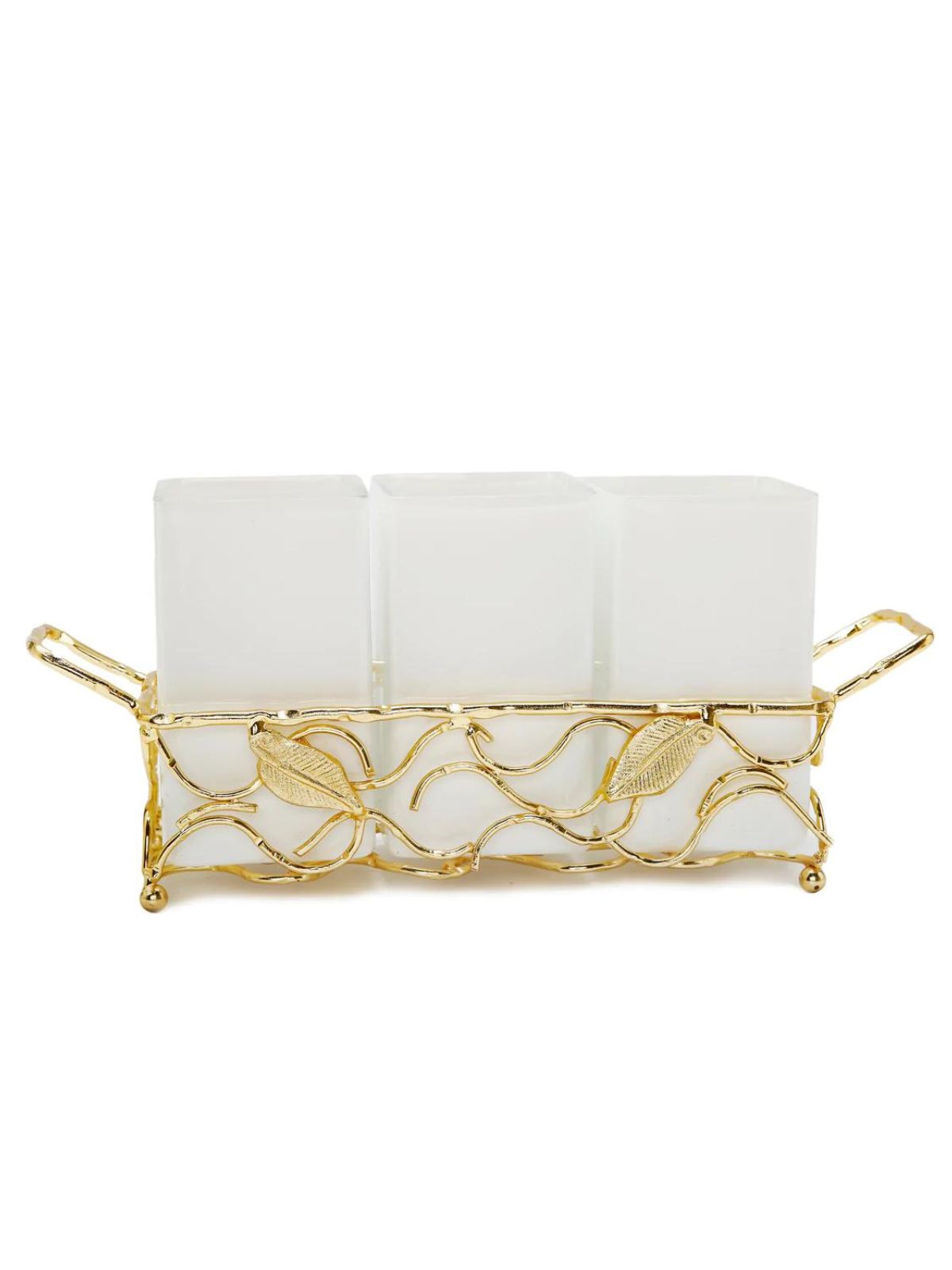 White Glass Utensil Holder with Stainless Steel Gold Leaf Design.