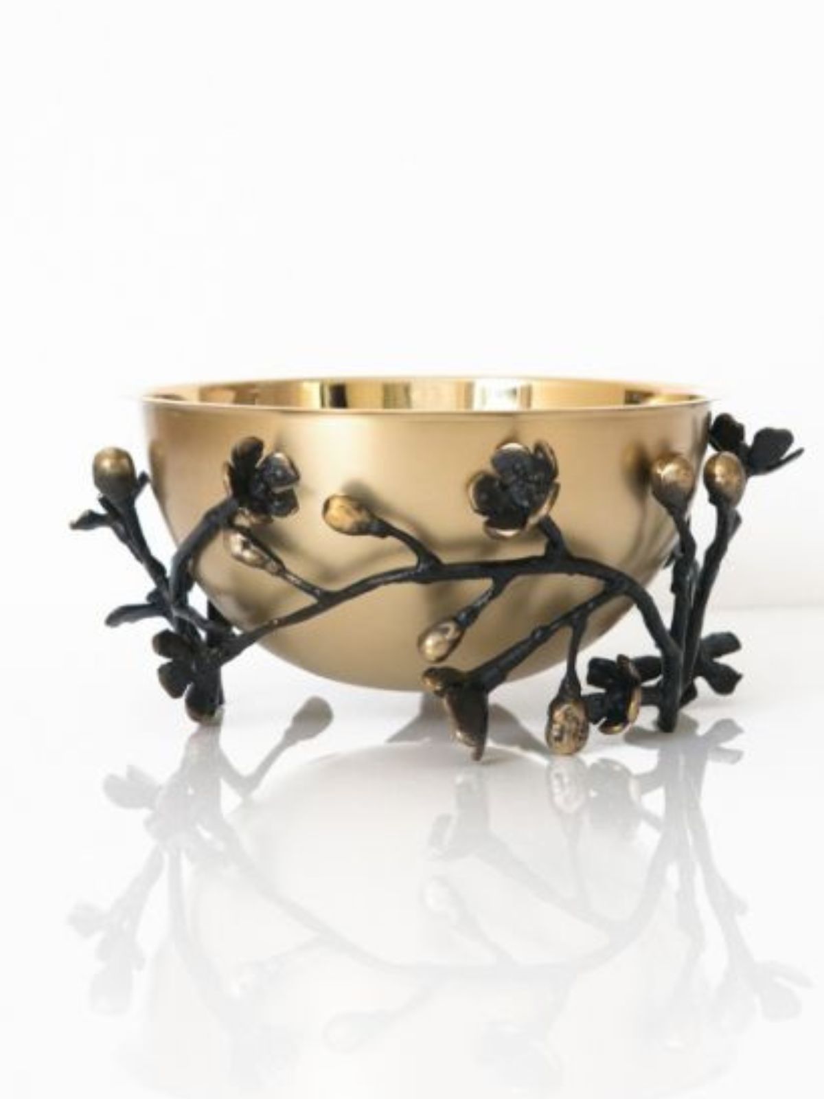Olive Branch Gold Serving Bowl with Black and Gold Flowers, 10D x 5H.