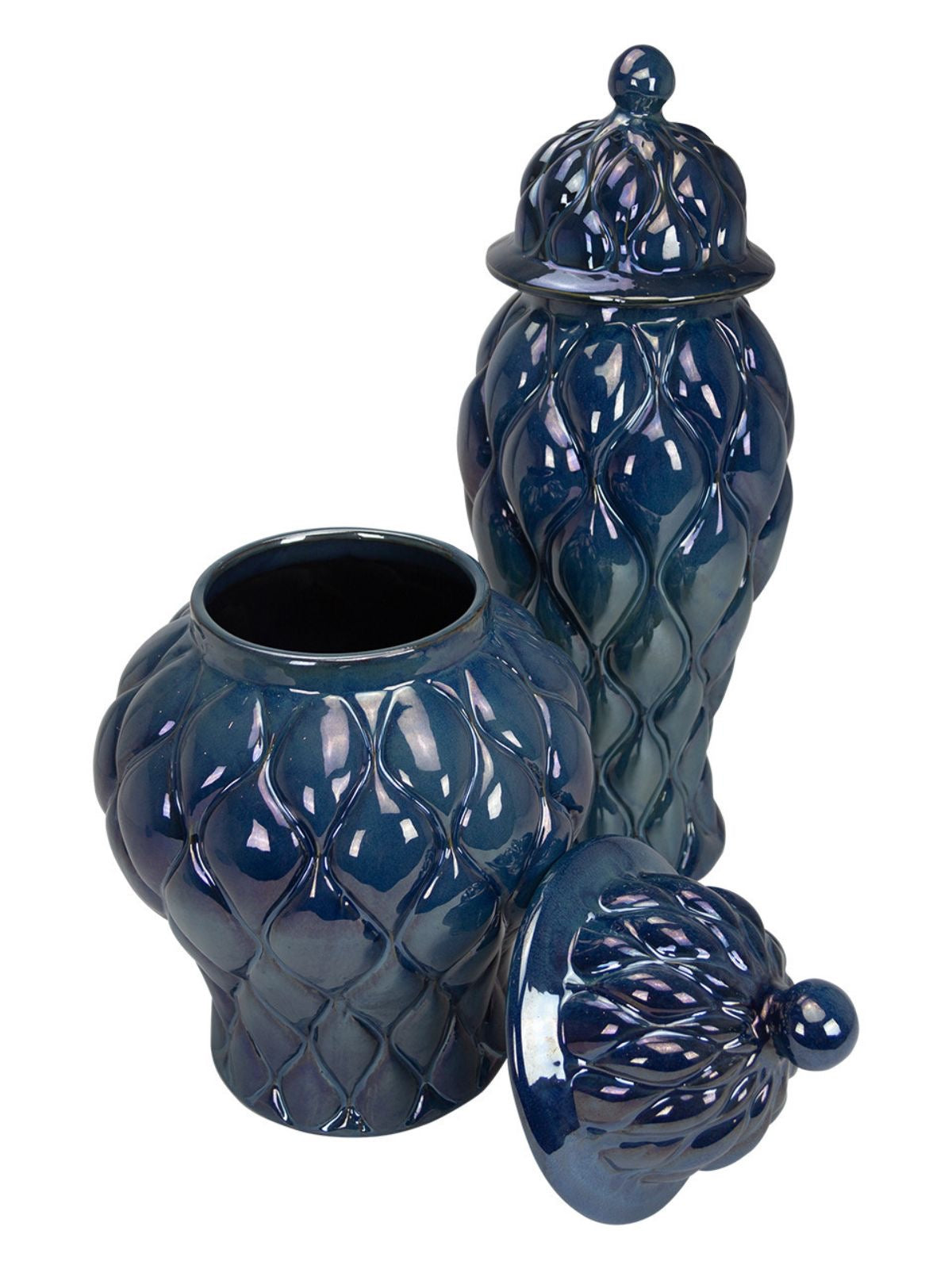 Sapphire Blue Ceramic Ginger Jar with Quilt Pattern and Lids in 2 Sizes Sold KYA Home Decor.