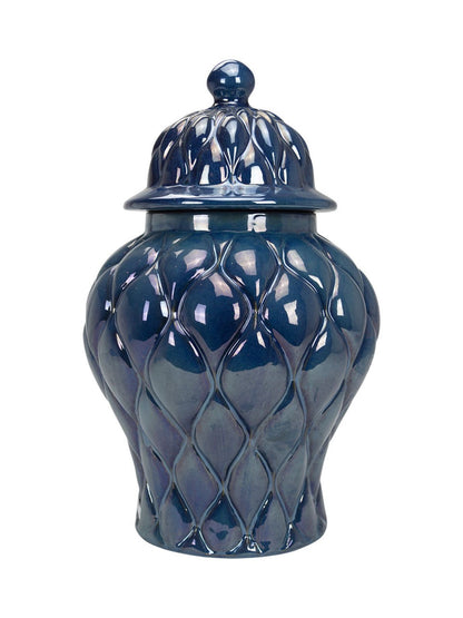 Sapphire Blue Porcelain Ginger Jar with Quilt Pattern, Short. 