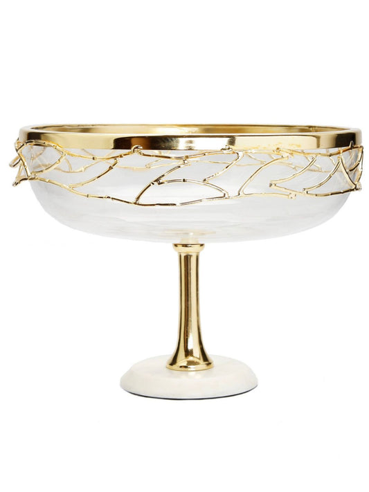 Luxury Decorative Glass Bowl with Stainless Steel Gold Mesh on White Marble Base, 9.5D x 12H.