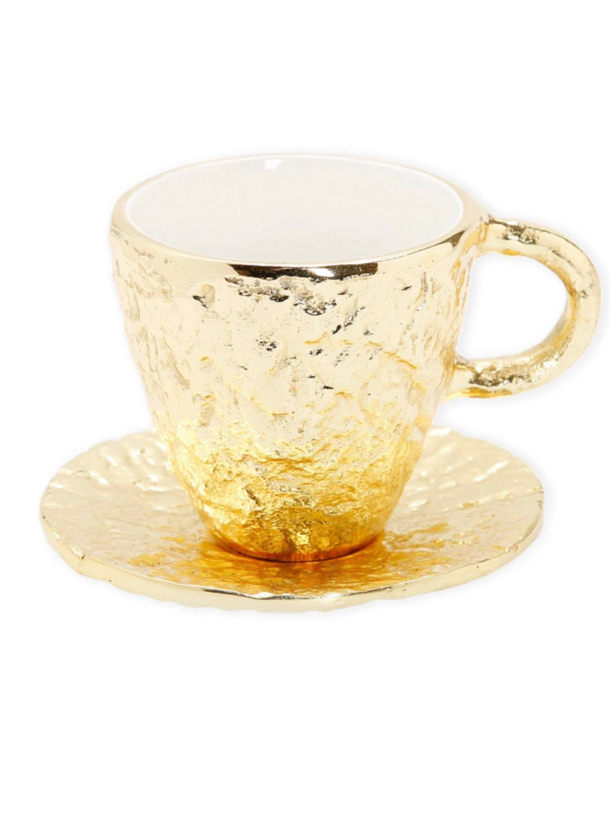 The Amazing Tazza D’ Oro Coffee Mug with Saucer Has a Beautiful Gold Textured Metal Outer and White Enamel Inside Available At KYA Home Decor