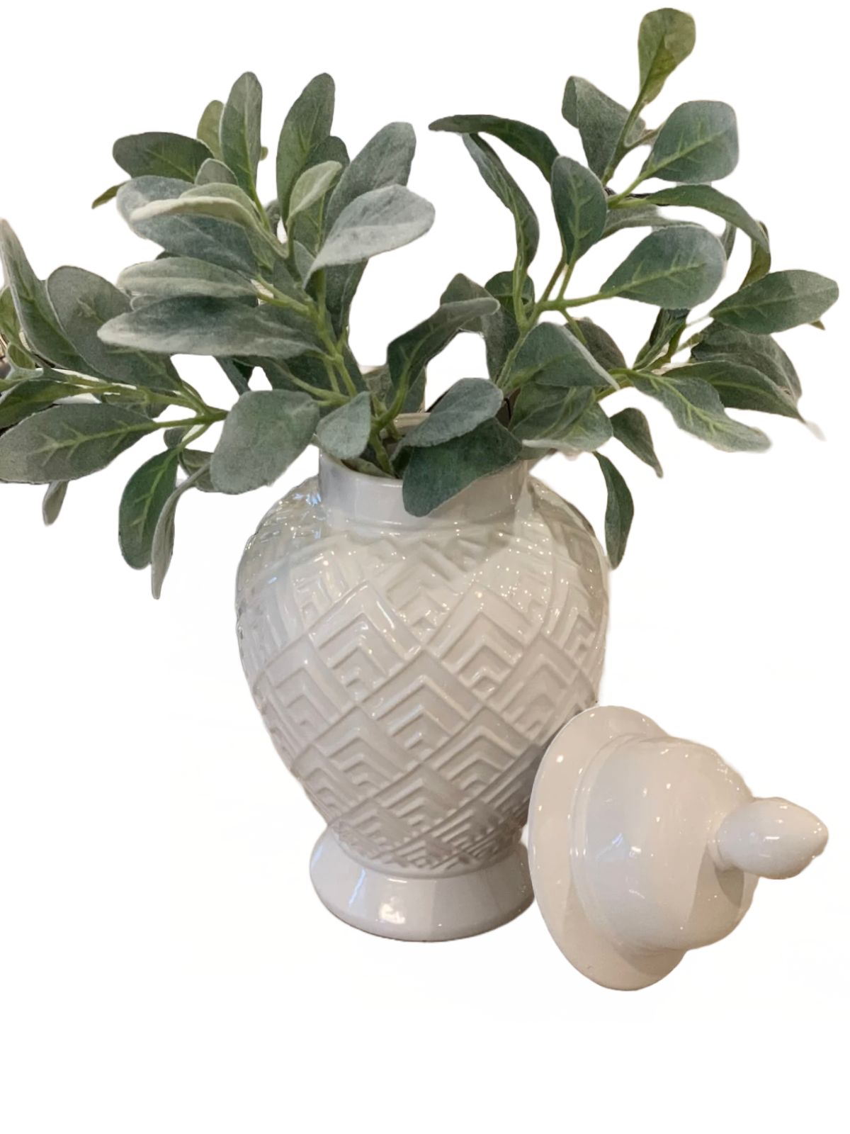 12.5H White ceramic ginger jar with diamond patterns with lid sold by KYA Home Decor.