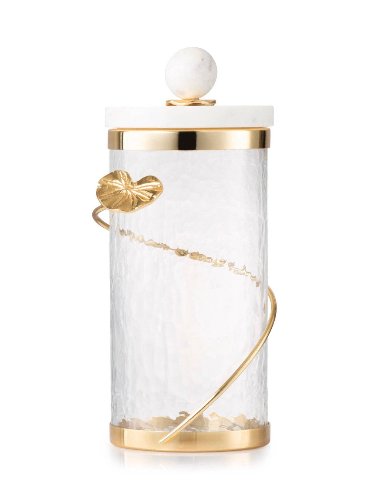 The Cuore D’ Oro Glass Canister Has A Gold Leaf Design & Marble Lid Large Size From KYA Home Decor