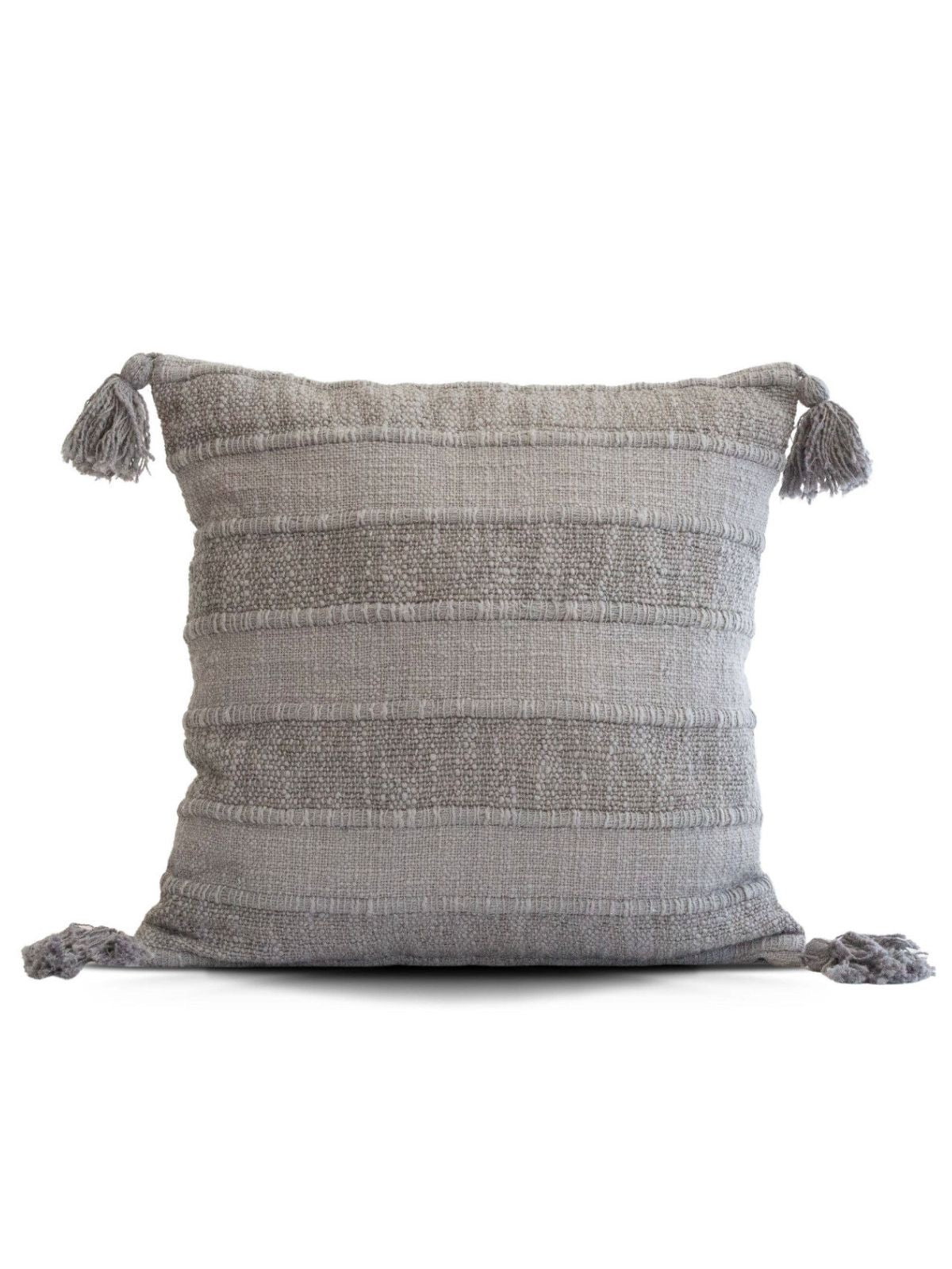 This 100% Cotton Wide Striped Pillow Cover with pom pom tassels measures 18x18 has a soft linen texture that will add a boho yet modern touch to any space. Available in 2 colors, Sold by KYA Home Decor    
