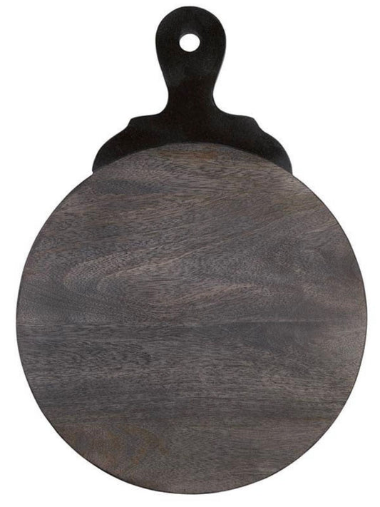 Round Dark Wash Natural Wood Charcuterie Board with Black Carved Marble Handle.