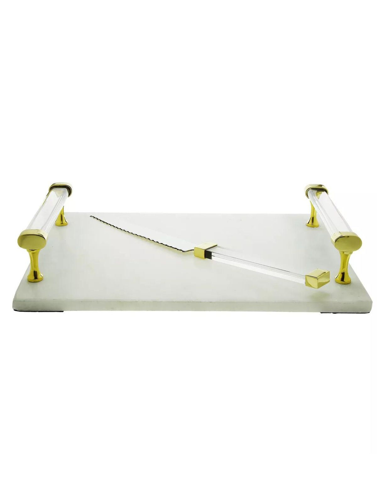 Luxury White Marble Serving Tray with Acrylic Handles and Knife Set, 16L x 11W. 