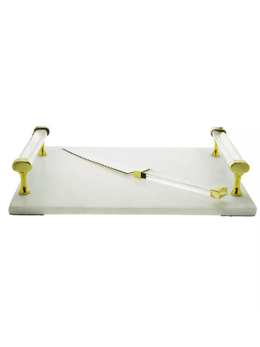 Luxury White Marble Serving Tray with Acrylic Handles and Knife Set, 16L x 11W. 