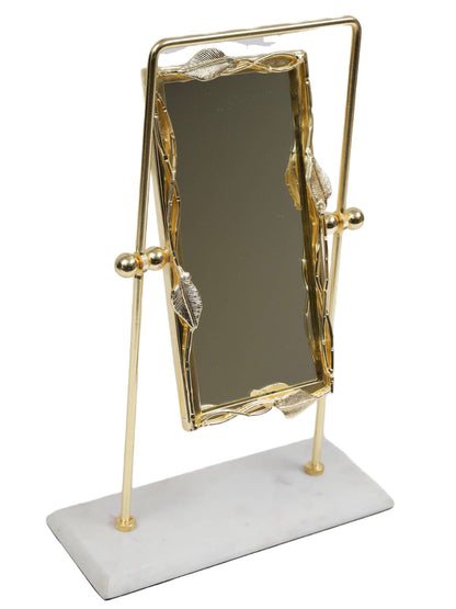 Gold Rectangular Mirror with Leaf Design on Marble Base.