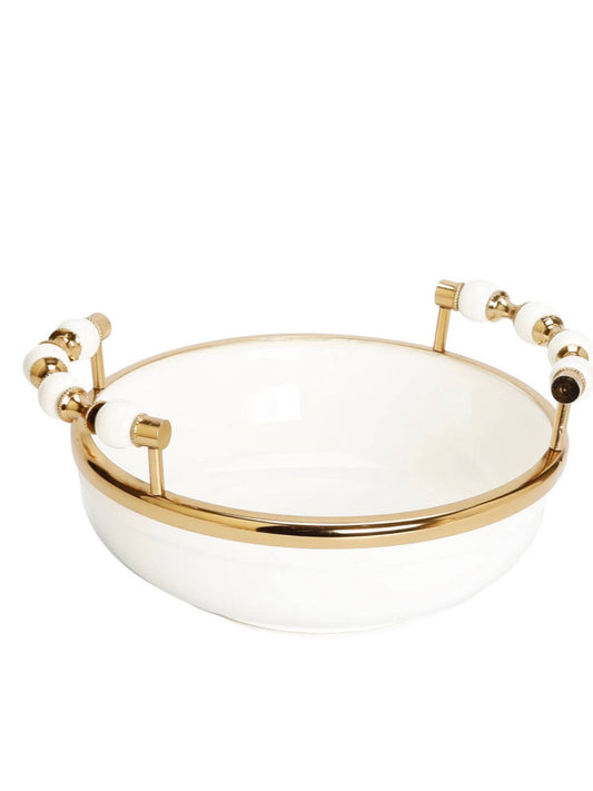 White and Gold Ceramic Bowl with Beaded Design Handles, Measures 11D.