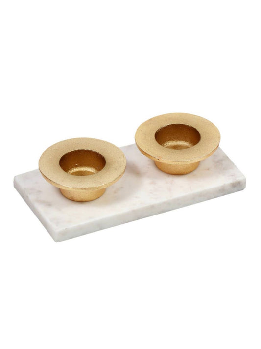 8.2 inch Marble Tea Light Candle Holder With 2 Gold Brass Holders | KYA Home Decor. 