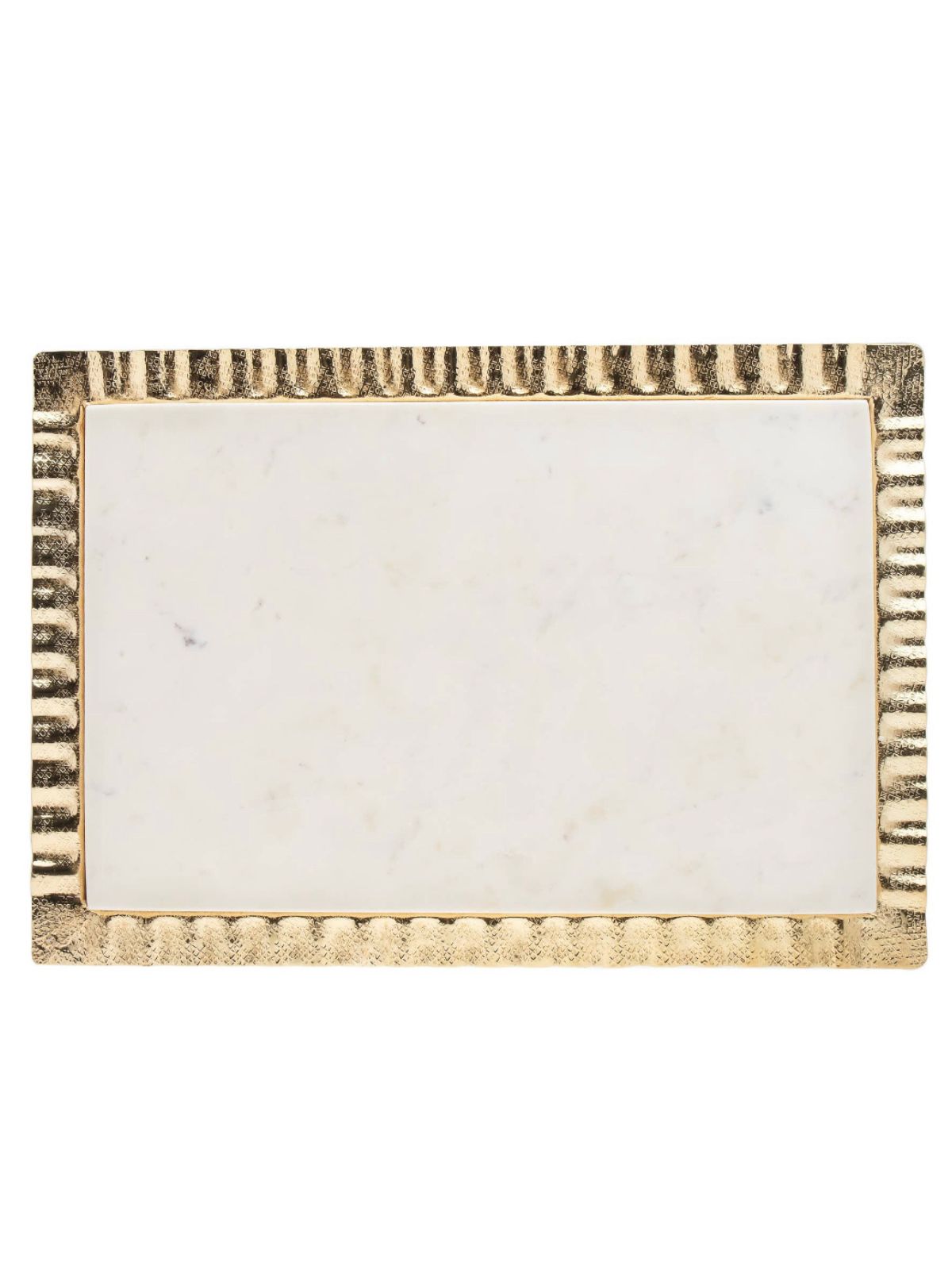 16L x 12W Luxurious White Marble Tray with Stainless Steel Gold Ripple Edges. 
