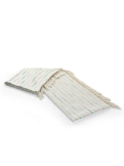 Teal Stripe Woven Cotton Throw Blanket with Fringe, 50W x 60L. 
