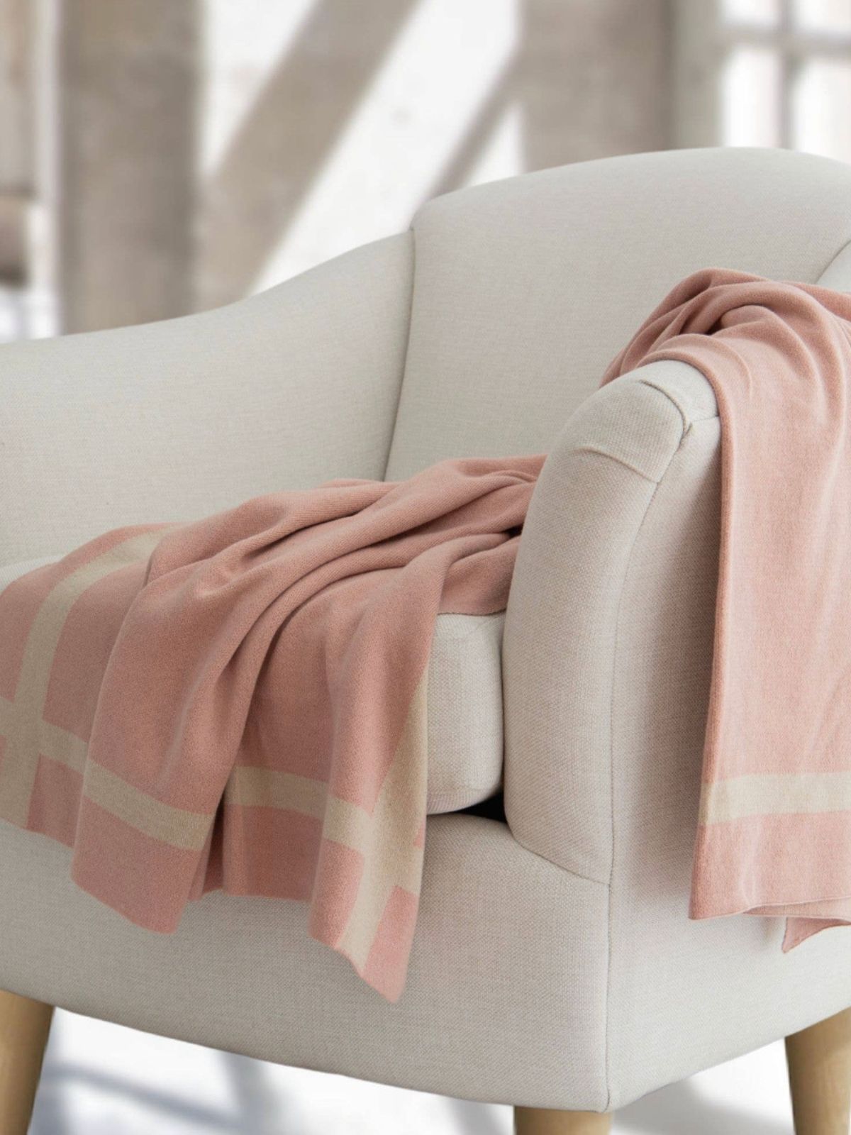 100% Cotton Equestrian Stripe Knit Decorative Throw Blanket in Luxurious Dusty Blush, 50W x 60L.
