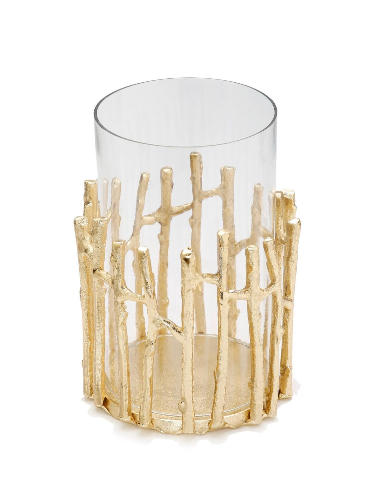 7 inch Glass Hurricane Floral Vase with Gold Brass Twig Design | KYA Home Decor.