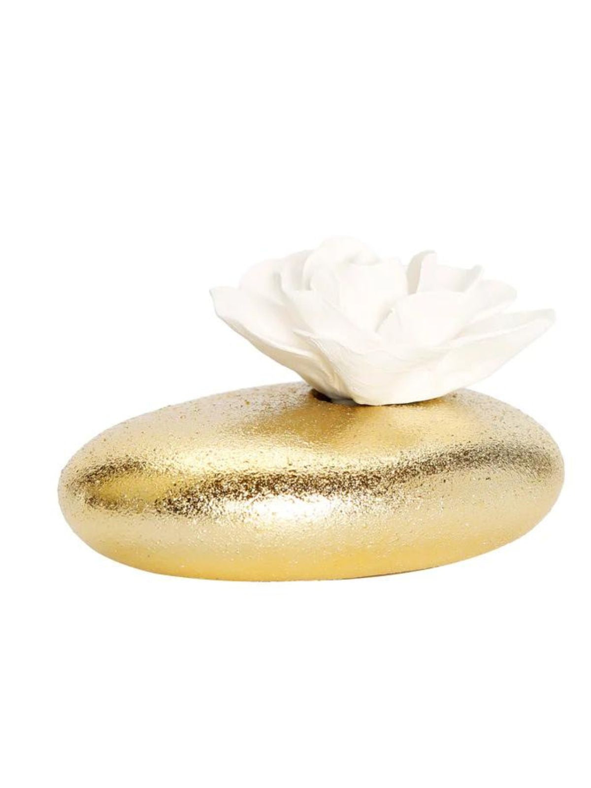 Matte gold porcelain oil diffuser with a white dimensional floral top that dispenses a floral scent - KYA Home Decor.