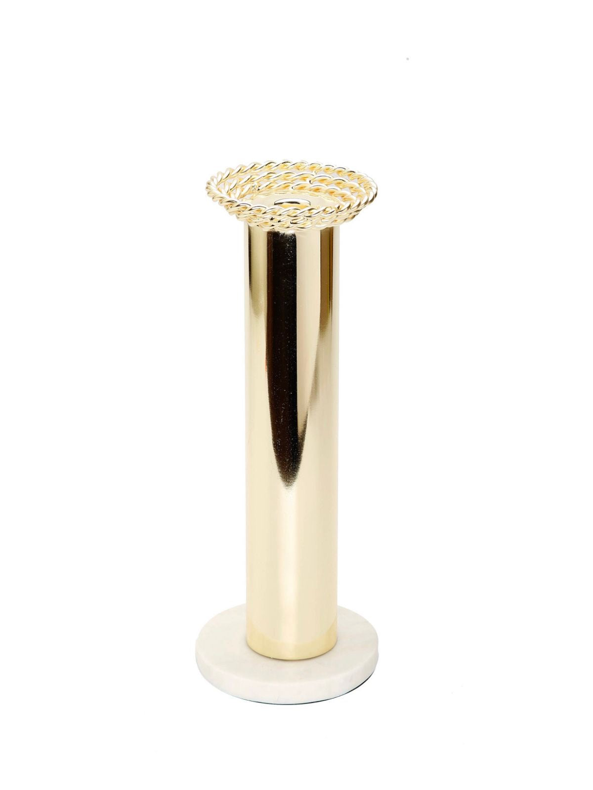 10.5H Candle Holder With Gold Metal Rope Design on Marble Base. Sold by KYA Home Decor.