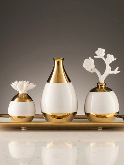 White and Gold Narrow Top Ceramic Vase With Diffuser Set - KYA Home Decor