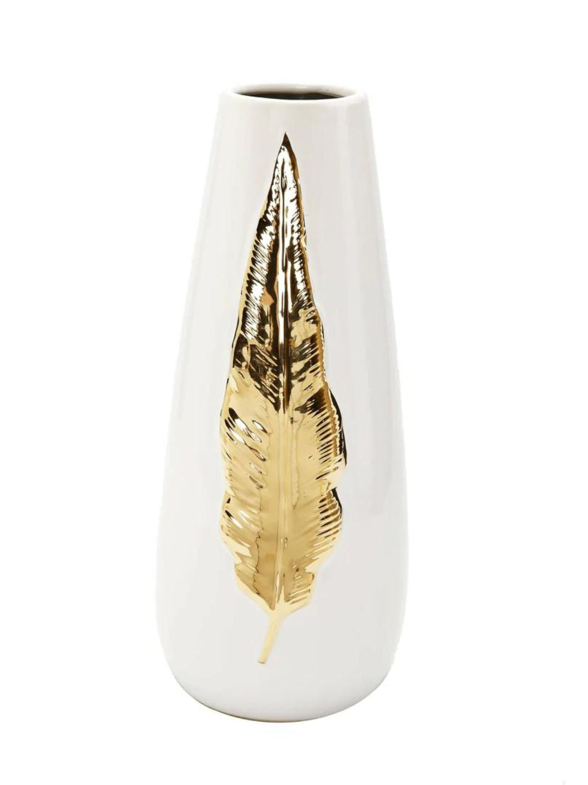 16H White Ceramic Decorative Vase with Gold Leaf Design - KYA Home Decor
