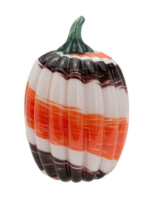 Add elegance to your fall decor with these gorgeous handcrafted glass pumpkins. This classic seasonal accent has an autumn swirl design with a green stem! A pretty pumpkin palette for your fall dining and decor.