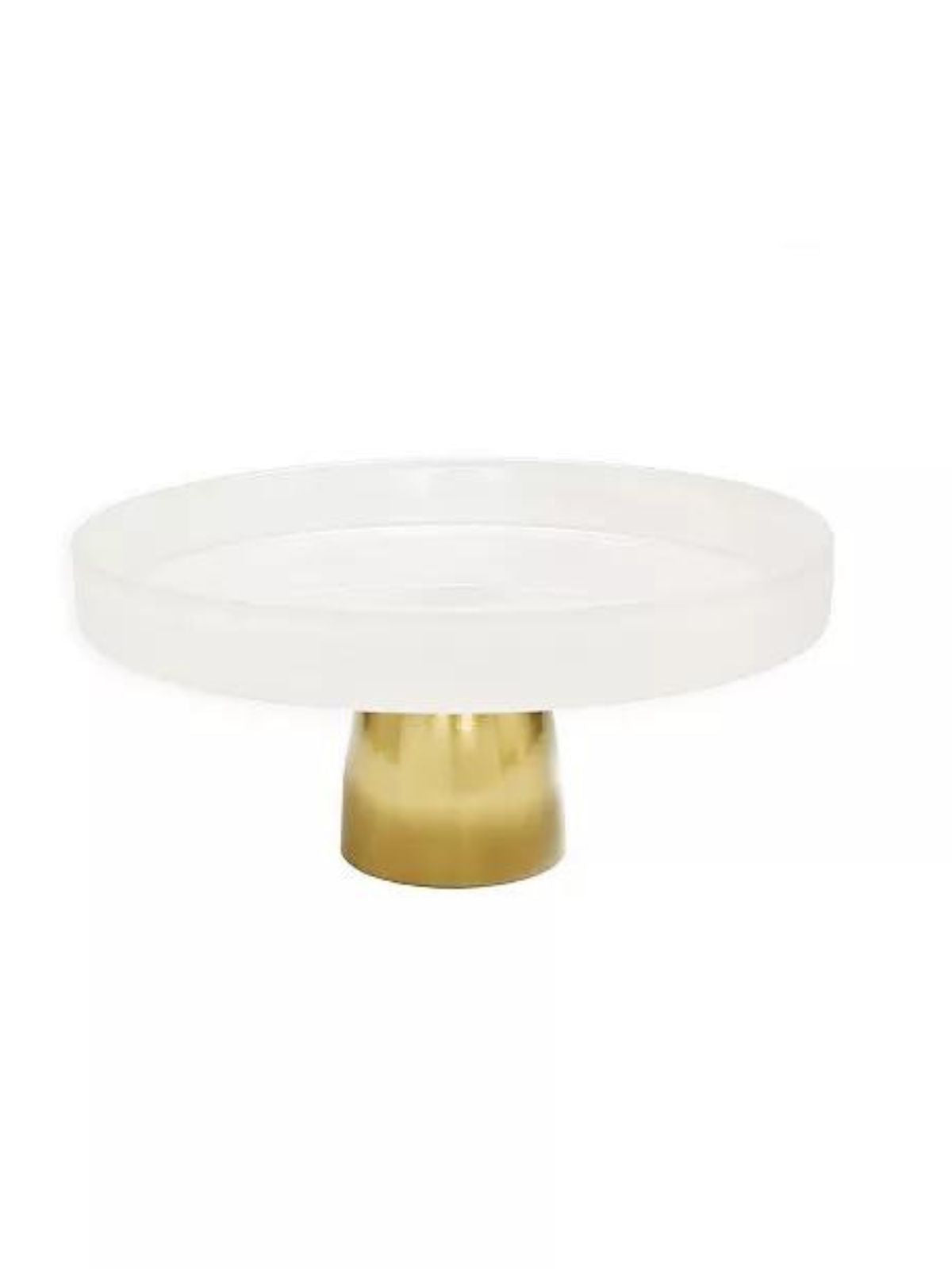 White Glass Cake Stand on Gold Base, 9.5D x 4.5H.