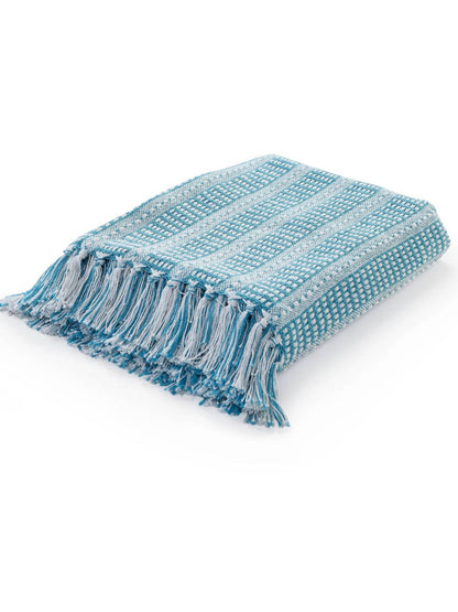 L 50” x 60” 100% Cotton Handmade Flat-Woven Maui Blue and White Geometric Striped Lightweight Decorative Throw Blanket with Corner Tassel.