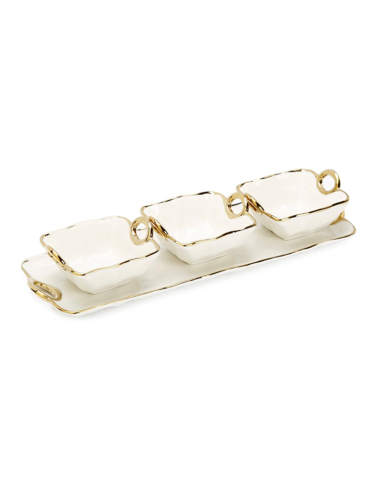 15L White Porcelain Dish with 3 Bowls and Gold Handles. Sold by KYA Home Decor.   
