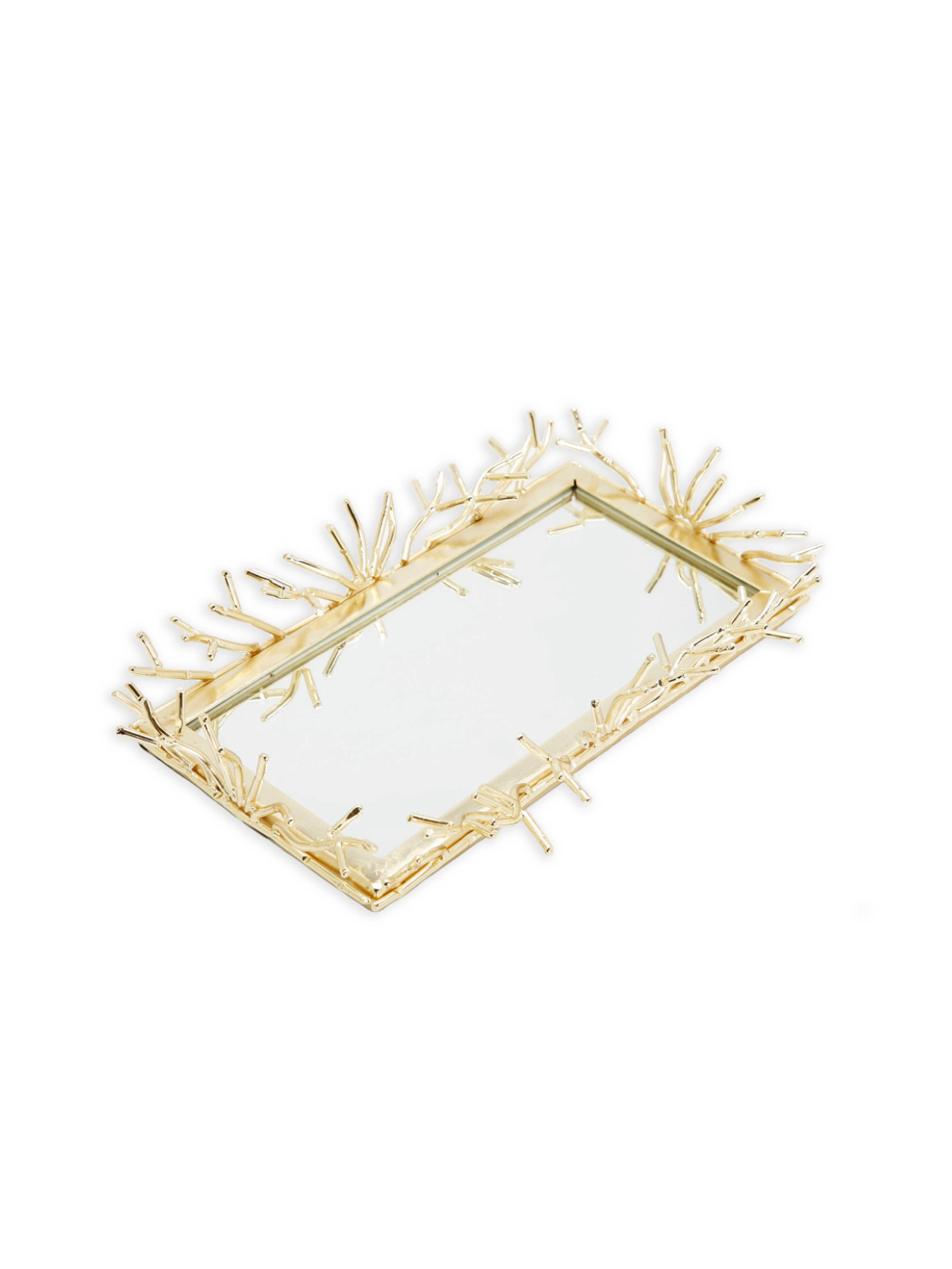 Rectangular Decorative Mirror Tray with Stainless Steel Gold Twigs Designed Borders.