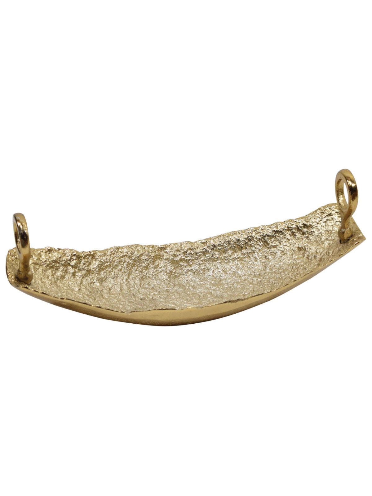 Place your food or favorites on this elegant boat shaped dish. It is designed out of sturdy hammered gold material, and is decorated with 2 modern shaped handles.