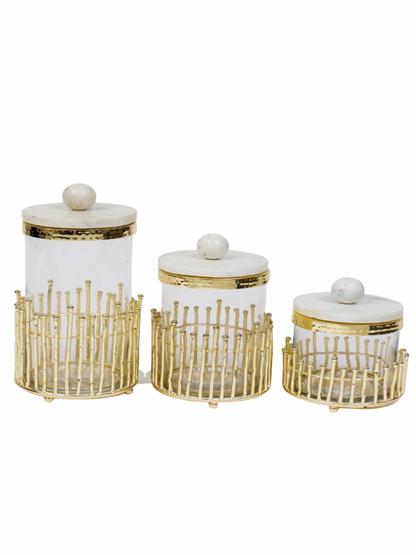 Luxury Kitchen Glass Canister With Gold Linear Design and Marble Lid, 3 Sizes - KYA Home Decor. 