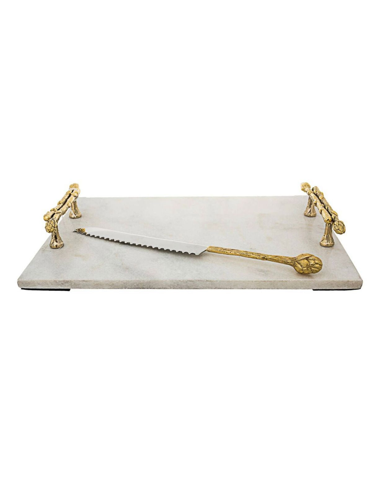 Luxurious White Marble Tray with Gold Asparagus Brass Handles and Coordinating Knife, 16L x 11W.