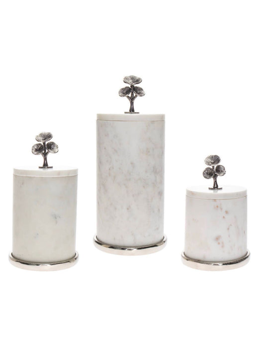 White Marble Canisters with Silver Metal Floral Design Lids, available in 3 Sizes - KYA Home Decor.