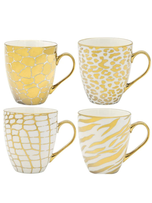 Enjoy your favorite beverage in style with our animal print gold plated mugs. With a generously sized 19 oz capacity assorted in 4 different gold designs on a white porcelain tapered shape mug