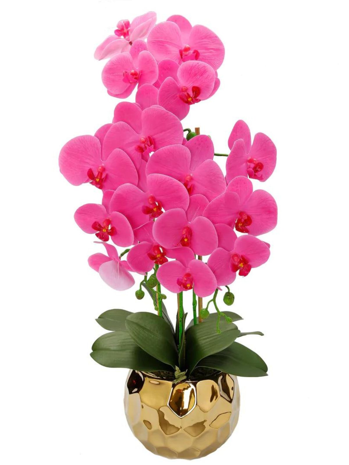 Pink Silk Orchid Floral Arrangement sitting on a bed of green leaves in a Round Gold Hammered Porcelain Vase.
