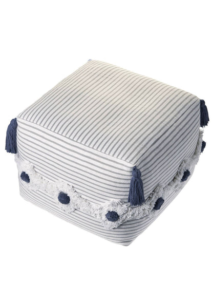 The Mazie Pouf In Grey & Ivory is Upholstered in a fabric blend that is handcrafted by skilled weavers, 