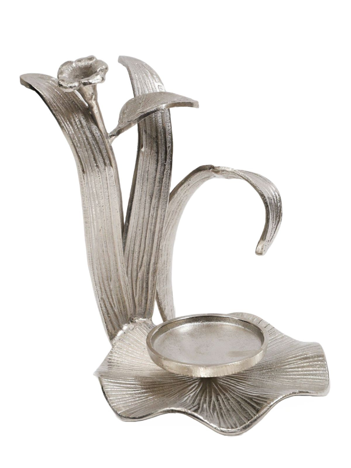 12H Stainless Steel Silver Hurricane Candle Holders with Flower Design. Sold By KYA Home Decor.