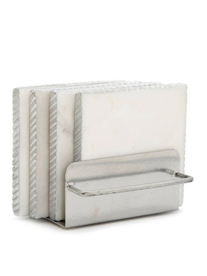 These 4 inch marble coasters with a silver edge includes an elegant hammered gold holder making it absolutely beautiful to display on your coffee table.