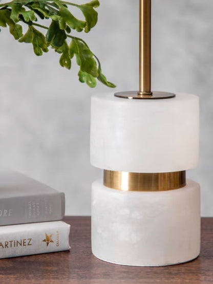 Alabaster Table Lamp with Linen Shade and Gold Brass Details