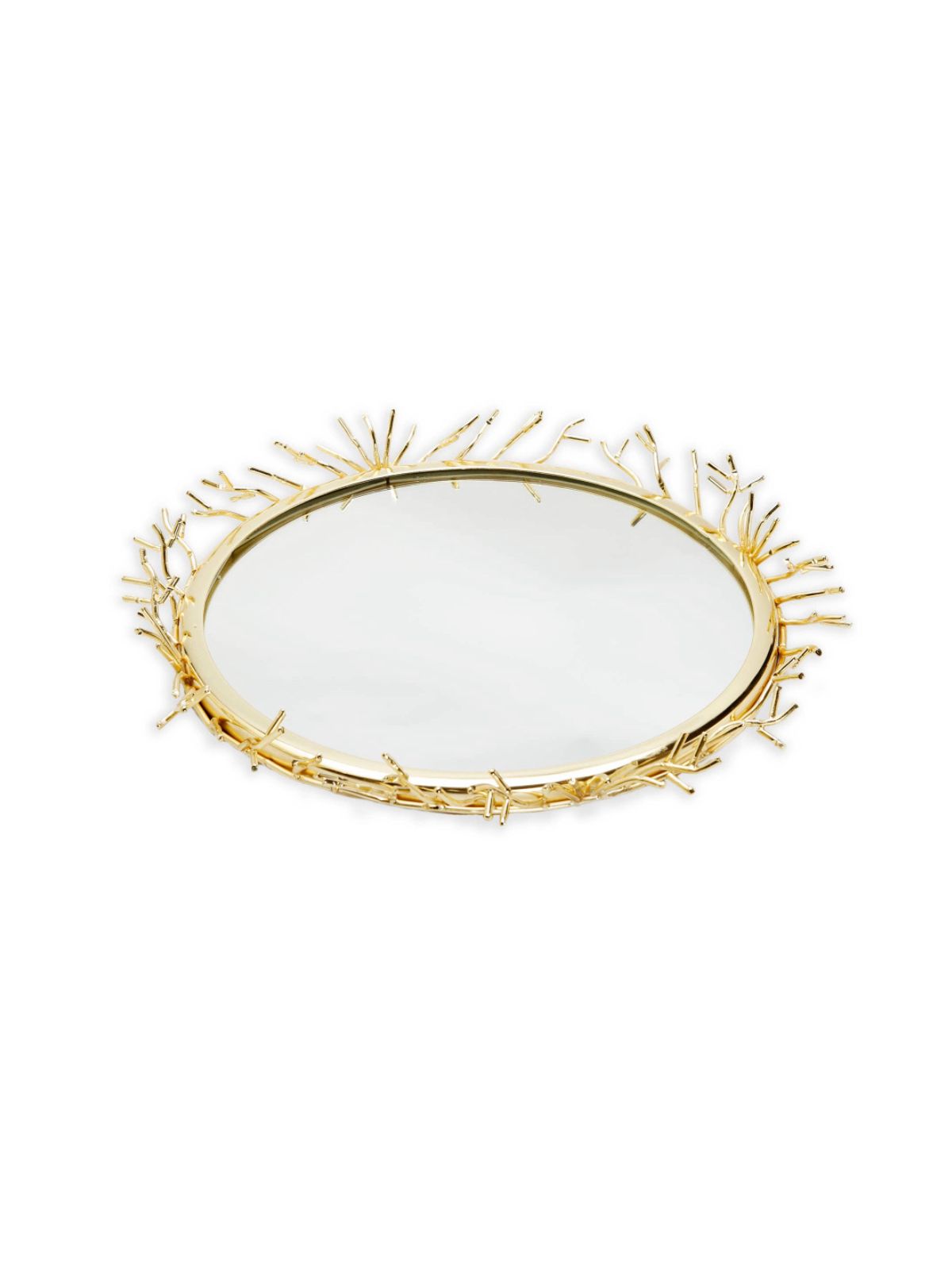 Round Decorative Mirror Tray with Stainless Steel Gold Twigs Design, 13D.
