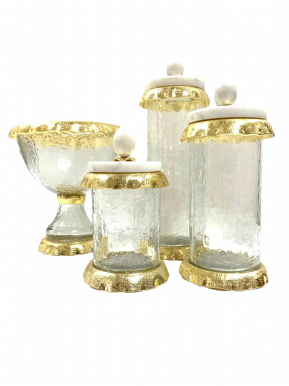 Luxury Kitchen Glass Canister With Gold Hammered Rim and Marble Lid, The Anabelle Collection - KYA Home Decor.