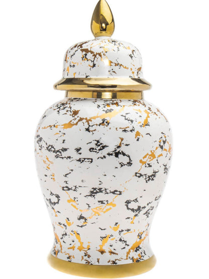 Marble Print Porcelain Ginger Jar with an elegant gold-tone rim and base in size large