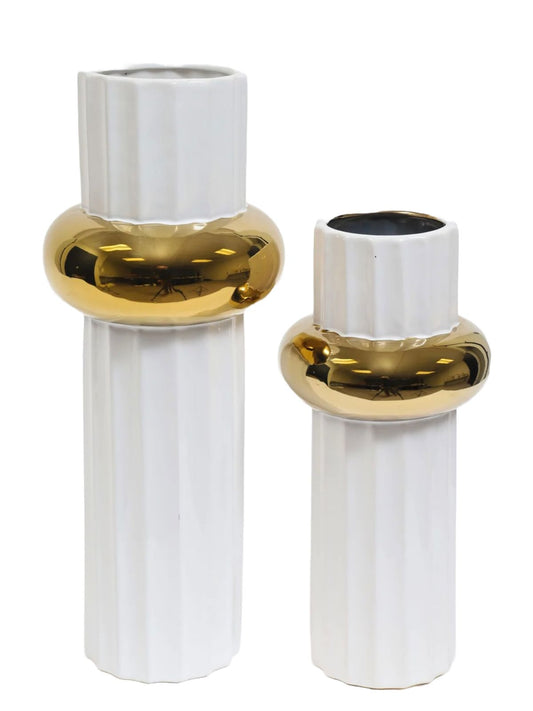 Pair of White Linear Ceramic Vases with Luxury Gold Circle Detail - KYA Home Decor
