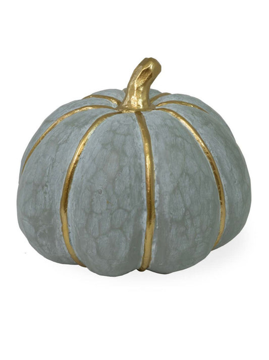 This classic seasonal accent interprets a grey pumpkin with gold stem measures! A pretty pumpkin palette for your fall dining and decor. 