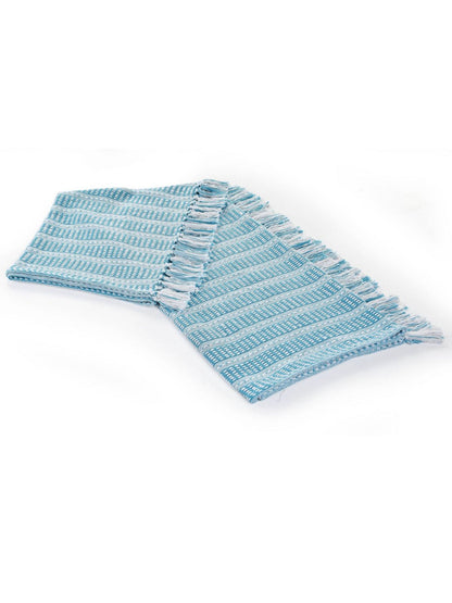 100% Cotton Handmade Flat-Woven Maui Blue and White Geometric Striped Lightweight Decorative Throw Blanket with Corner Tassel, 50W x 60L.