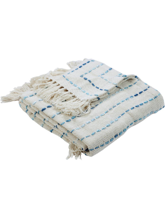 Oceanic Blue Interwoven Cotton Throw Blanket with Fringe, 50W x 60L. 