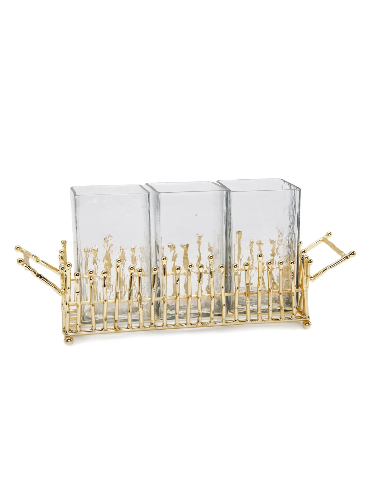 This silverware holder features a gold linear base which ties back to our popular tray set and canister set. Such a cute way to display silverware, or even restroom essentials.  