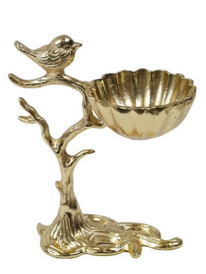 9H Stainless Steel Gold Centerpiece Bowl With Bird on Branch Designed Base.