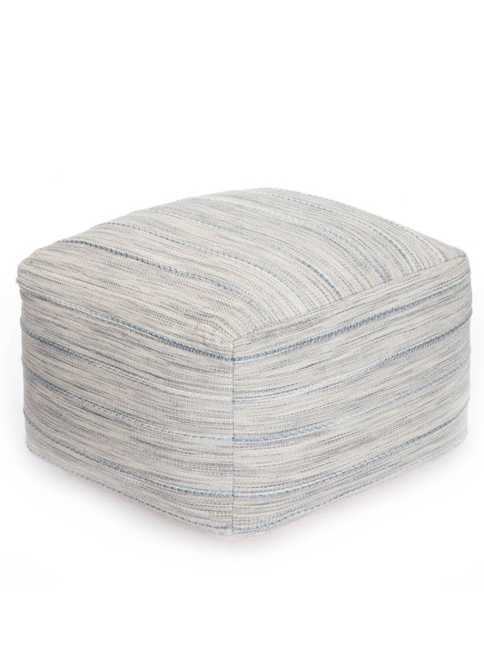 The Gioia Pouf In Grey/Ivory is Upholstered in a fabric blend that is handcrafted by skilled weavers,
